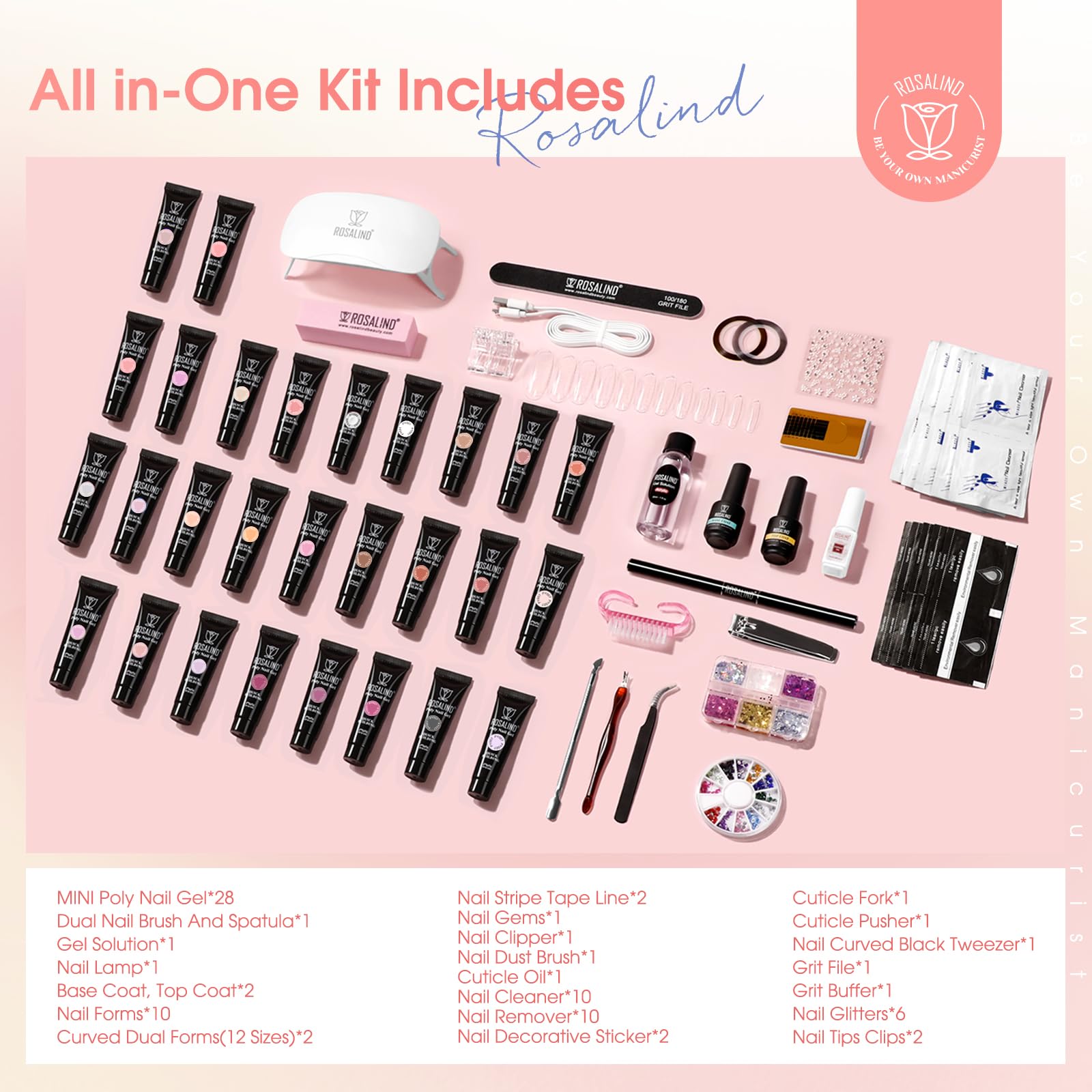 ROSALIND 28 Colors Poly Nail Gel Kit with Mini UV Lamp – Beginner Starter Set