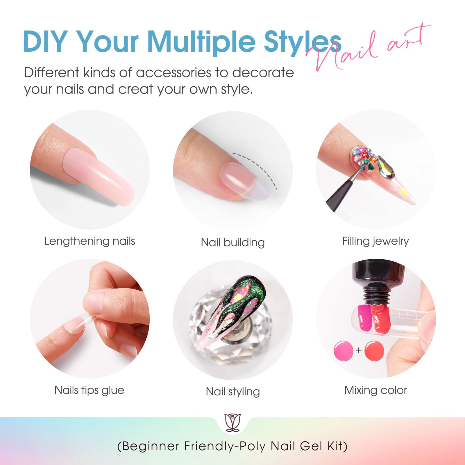 ROSALIND Colors Poly Nail Gel Kit – 14 Colors, 48W Lamp & Slip Solution Starter Set
