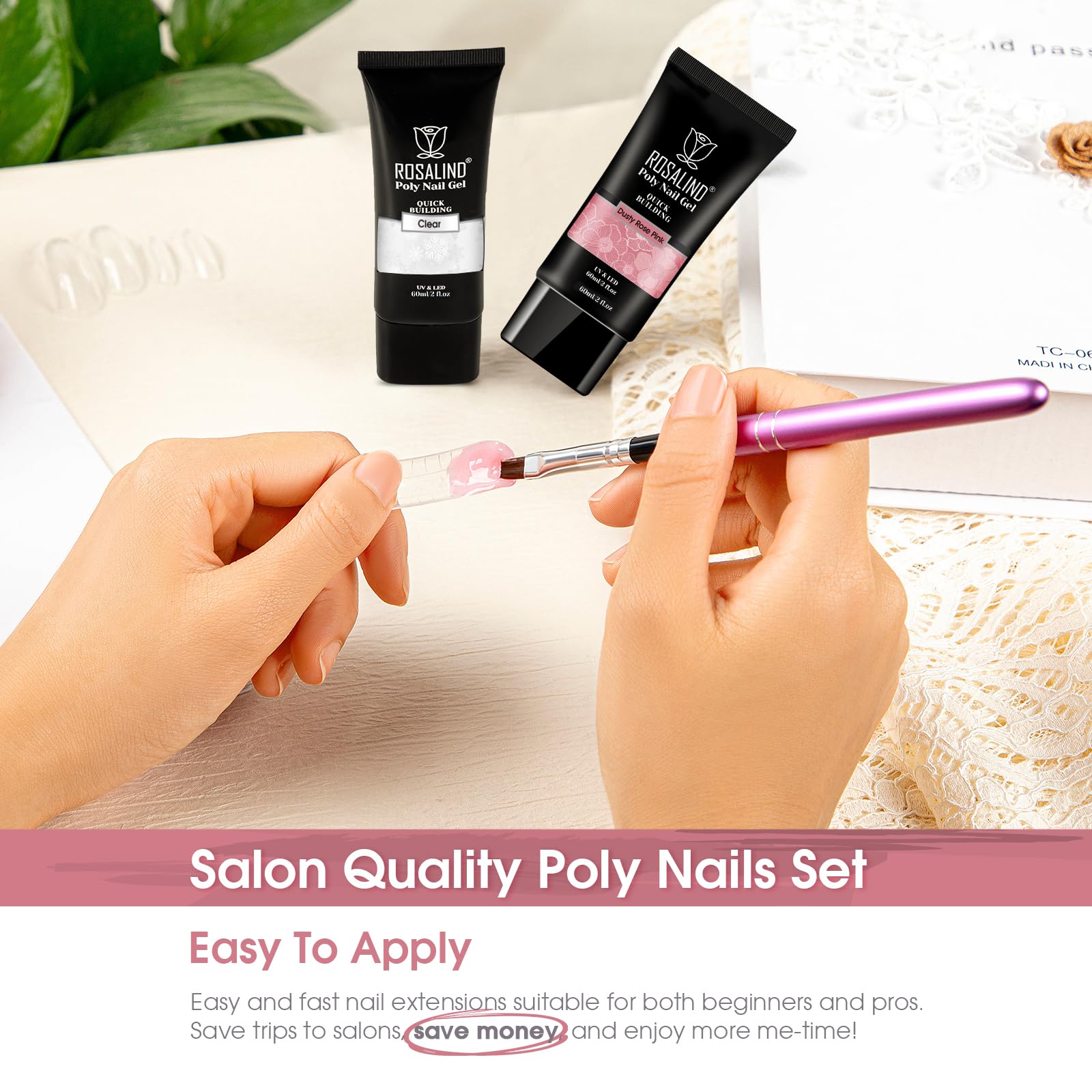 ROSALIND Clear Rose Pink Poly Nail Gel Set – 2 x 60ml for DIY Nail Extensions