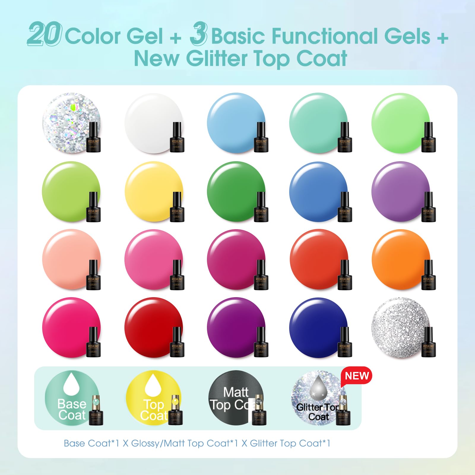 ROSALIND 24Pcs Neon Gel Nail Polish Set with Base & Top Coats – LED Soak-Off Kit for Rainbow Nail Art