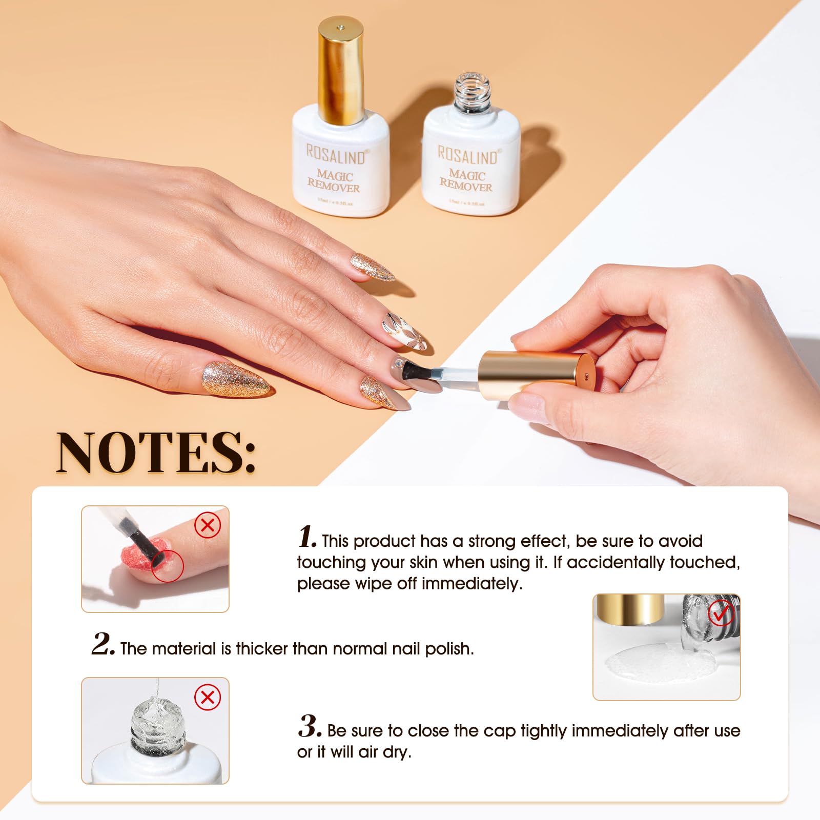 ROSALIND 2 Pack Gel Nail Polish Remover (15ml) – Quick, No-Foil Removal in 2–5 Minutes