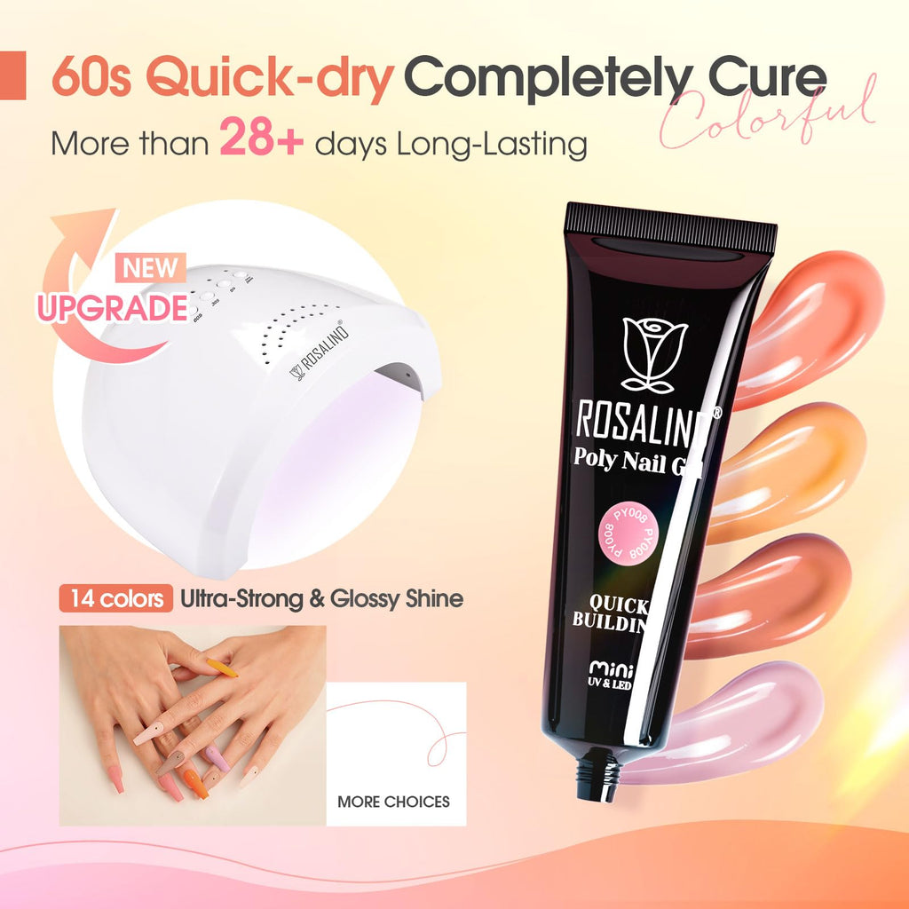 ROSALIND Nude Poly Nail Gel Kit – 14 Colors, 48W Lamp, DIY Home Manicure Starter