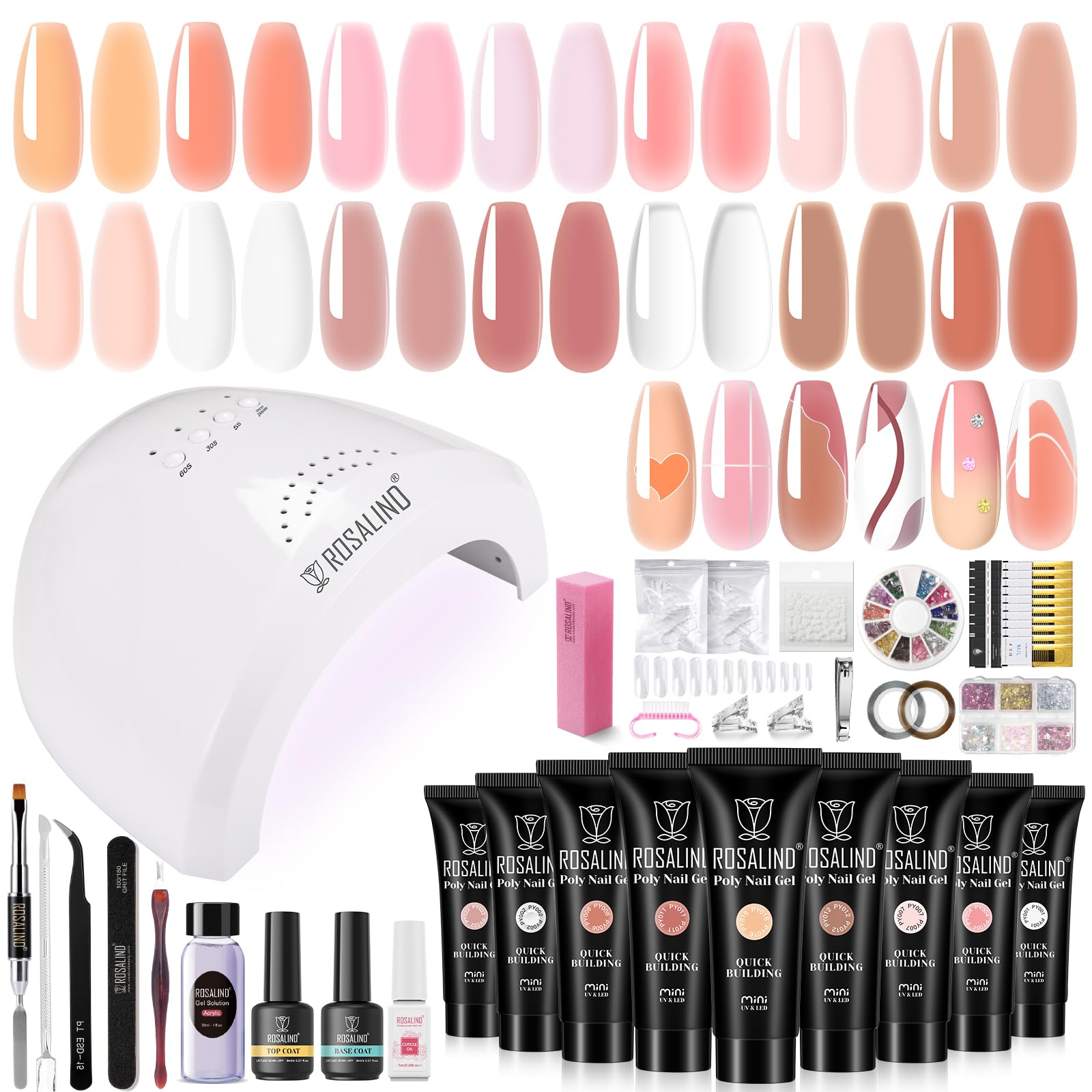ROSALIND Nude Poly Nail Gel Kit – 14 Colors, 48W Lamp, DIY Home Manicure Starter