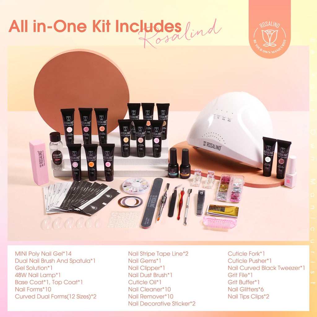 ROSALIND Nude Poly Nail Gel Kit – 14 Colors, 48W Lamp, DIY Home Manicure Starter