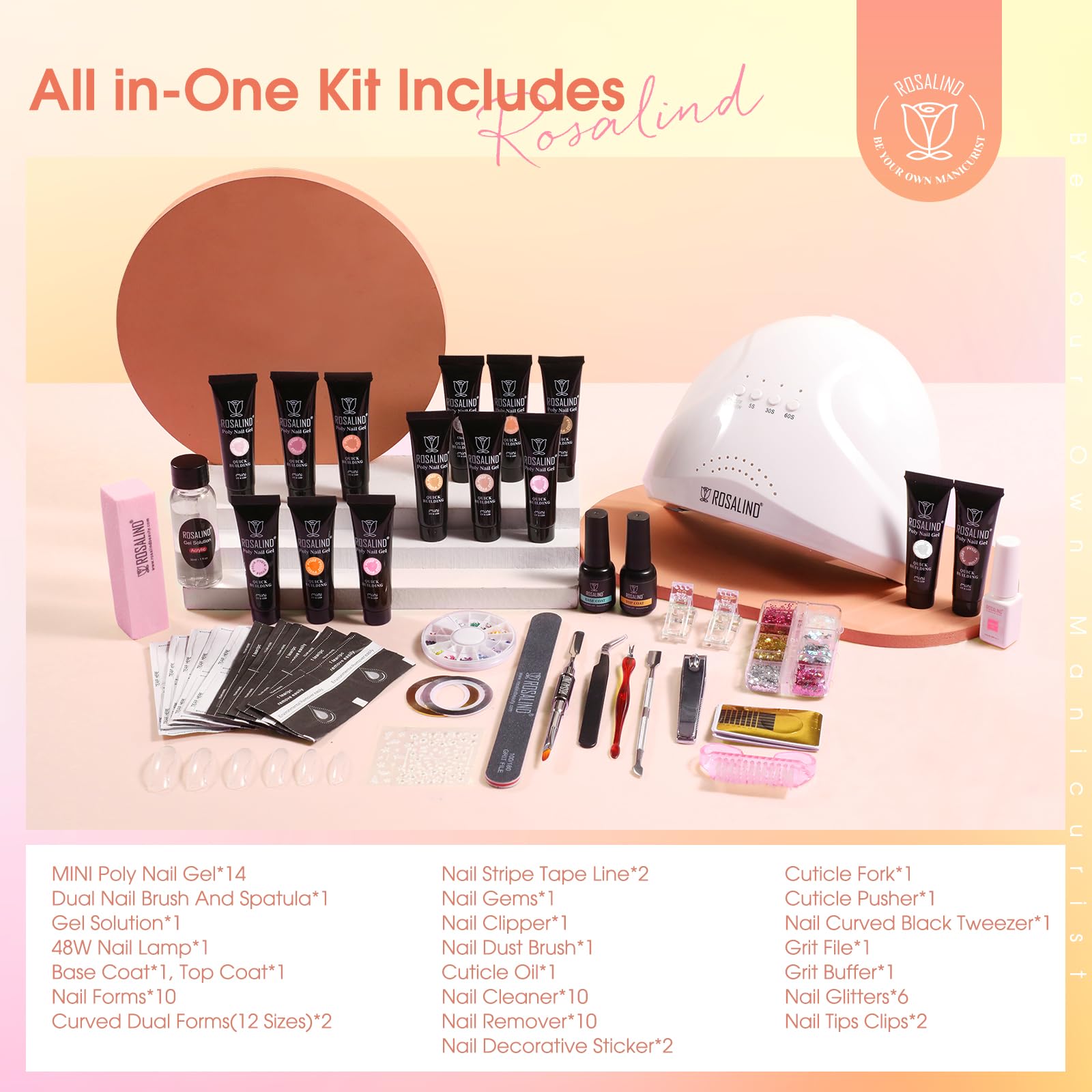 ROSALIND Nude Poly Nail Gel Kit – 14 Colors, 48W Lamp, DIY Home Manicure Starter