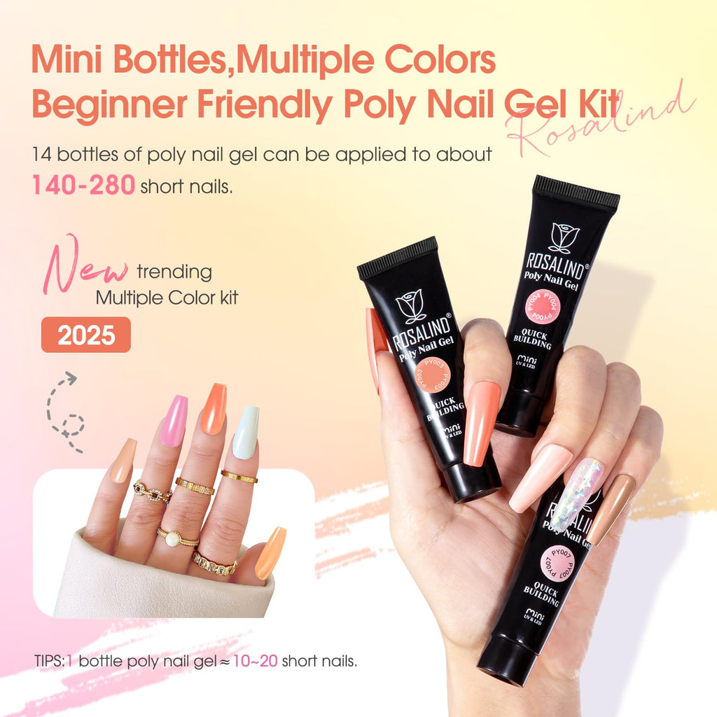 ROSALIND Nude Poly Nail Gel Kit – 14 Colors, 48W Lamp, DIY Home Manicure Starter