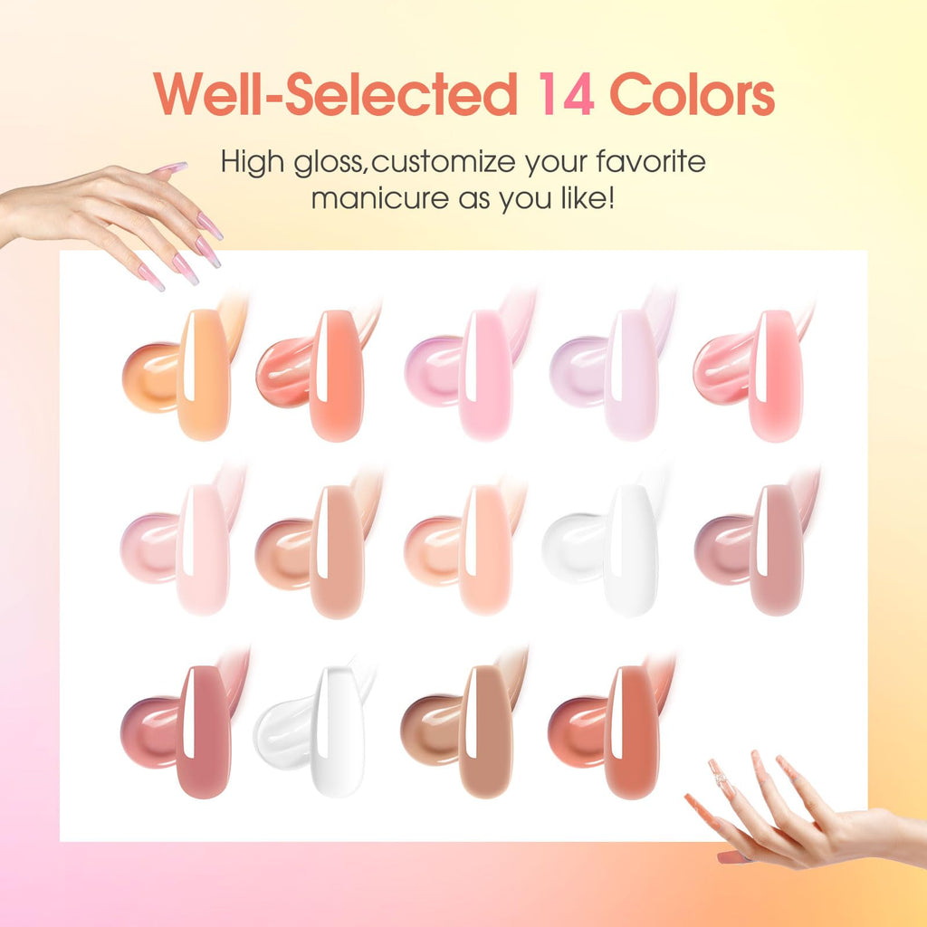 ROSALIND Nude Poly Nail Gel Kit – 14 Colors, 48W Lamp, DIY Home Manicure Starter