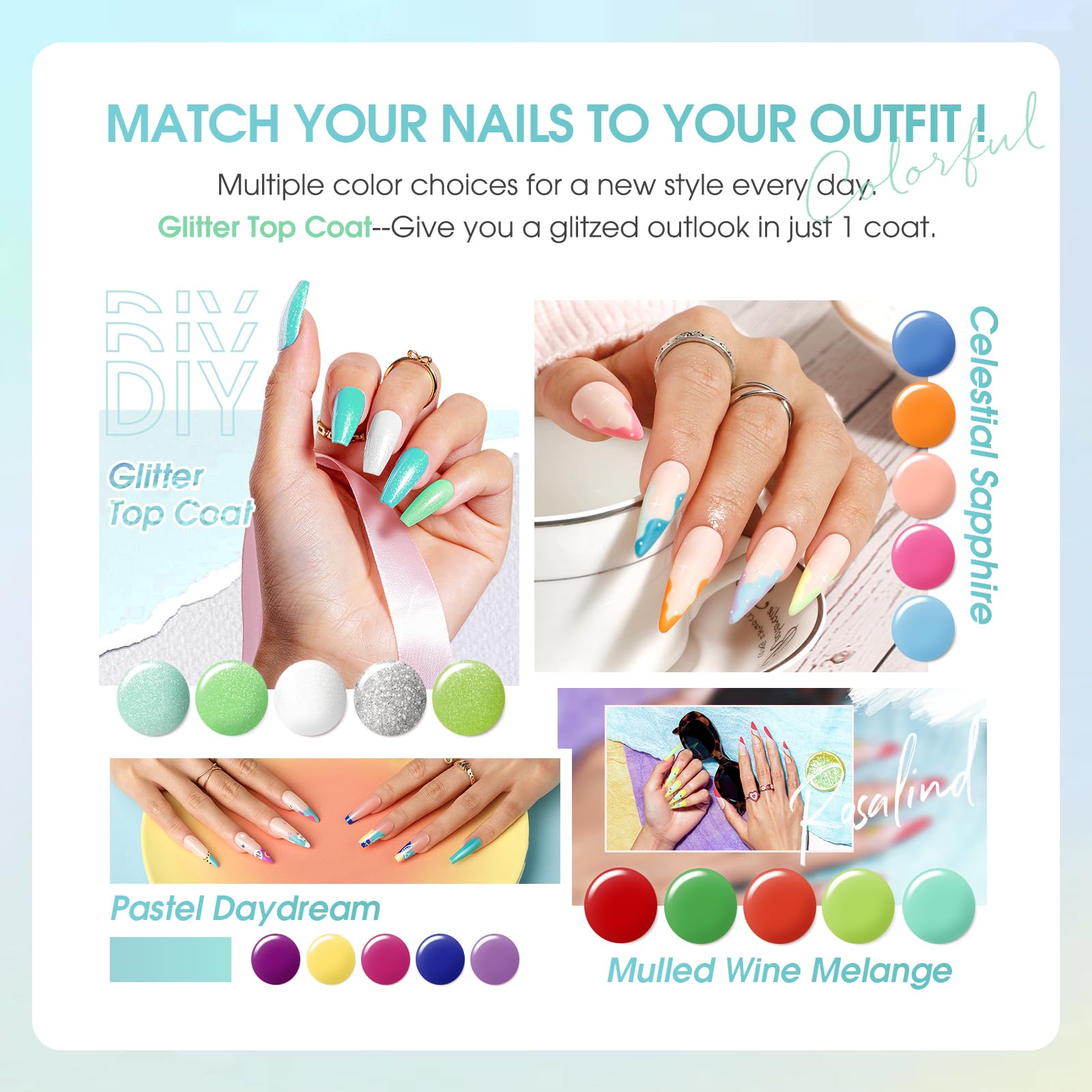 ROSALIND 24Pcs Neon Gel Nail Polish Set with Base & Top Coats – LED Soak-Off Kit for Rainbow Nail Art