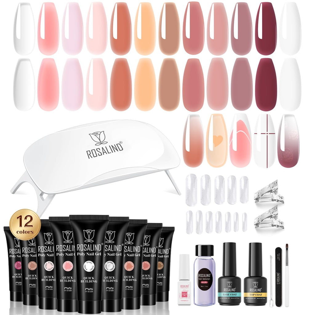 ROSALIND Pink Poly Nail Gel Kit – 12 Colors + Mini UV Lamp Starter Set