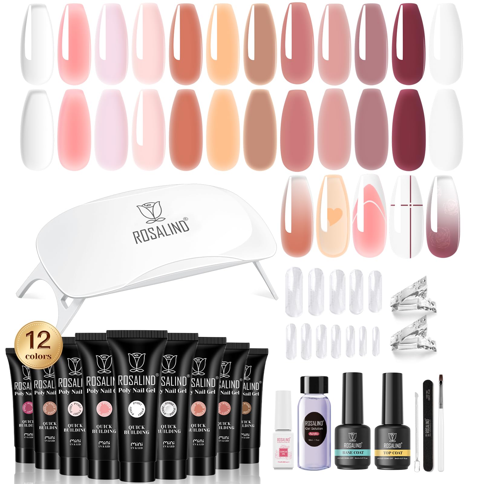 ROSALIND Pink Poly Nail Gel Kit – 12 Colors + Mini UV Lamp Starter Set