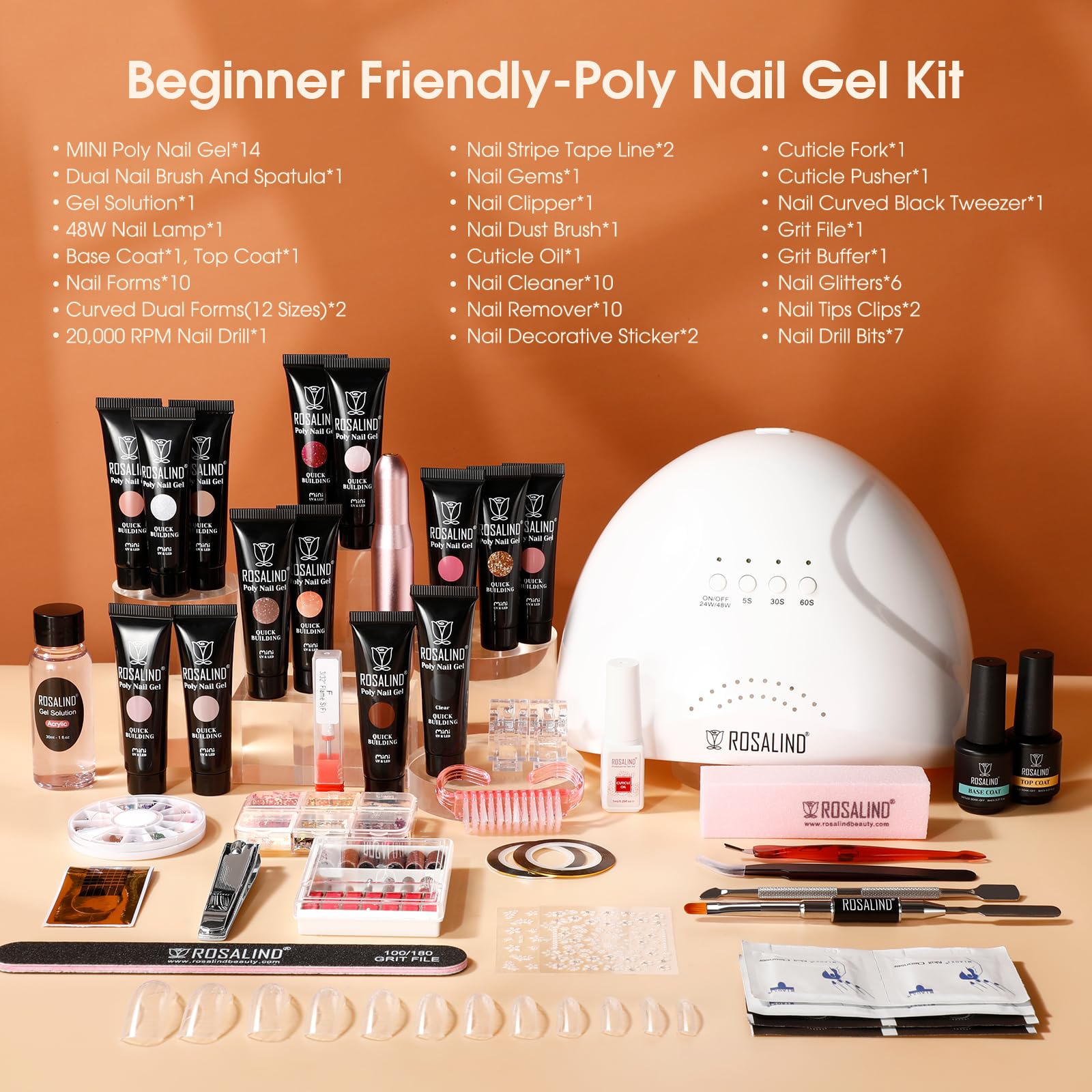 ROSALIND Poly Nail Gel Kit with Drill — 14 Colors, 75 Nail Art Accessories, 48W UV Lamp Starter Kit