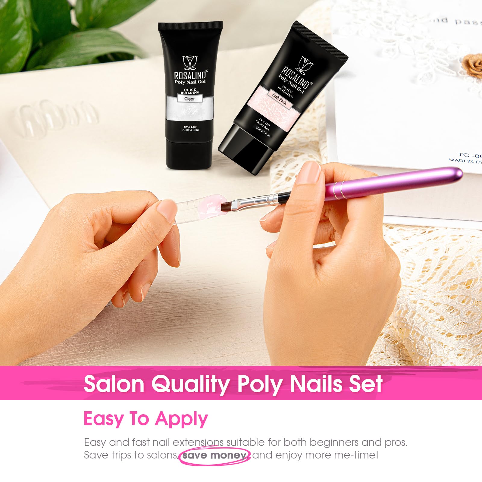 ROSALIND Pink & Clear Poly Nail Gel Kit – 2x 2oz Builder Gel for DIY Nail Art