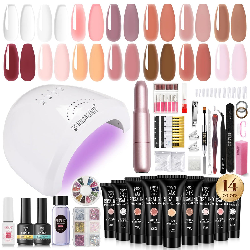 ROSALIND Poly Nail Gel Kit with Drill — 14 Colors, 48W UV Lamp & Accessories