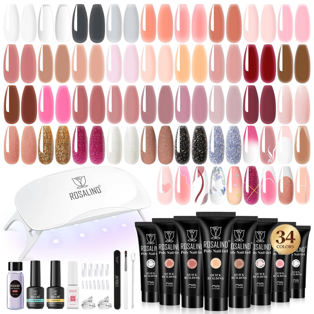 ROSALIND Poly Nail Gel Kit – 34 Colors + Mini UV Lamp Starter Set