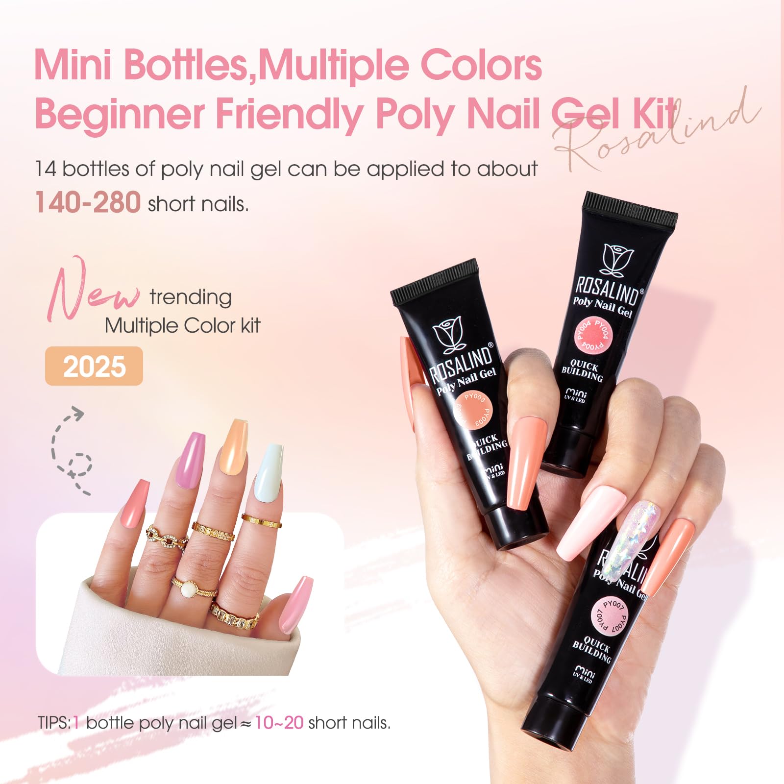 ROSALIND Poly Nail Gel Kit – 14 Colors + 72 Nail Art Accessories + Mini UV Lamp