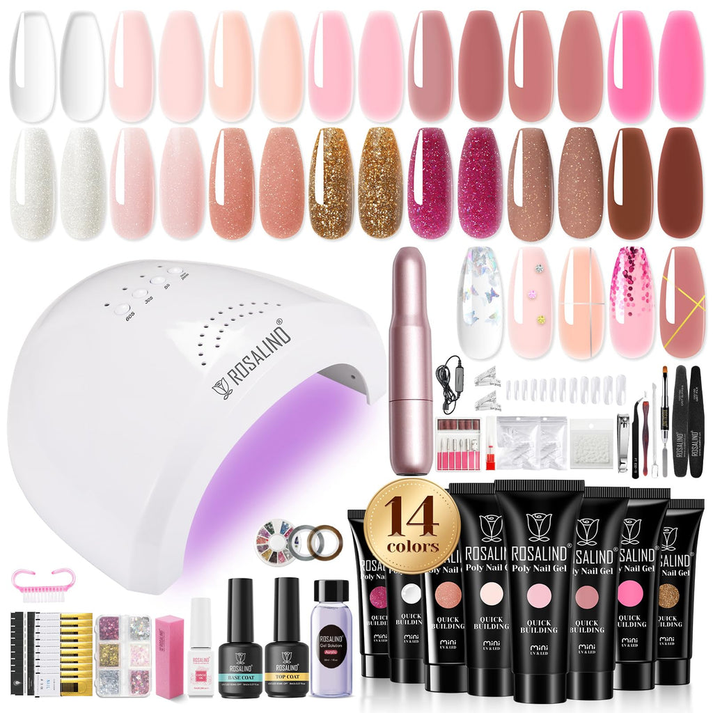 ROSALIND Poly Nail Gel Kit with Drill — 14 Colors, 75 Nail Art Accessories, 48W UV Lamp Starter Kit