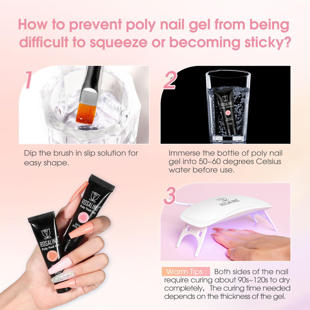 ROSALIND Poly Nail Gel Kit – 14 Colors + 72 Nail Art Accessories + Mini UV Lamp