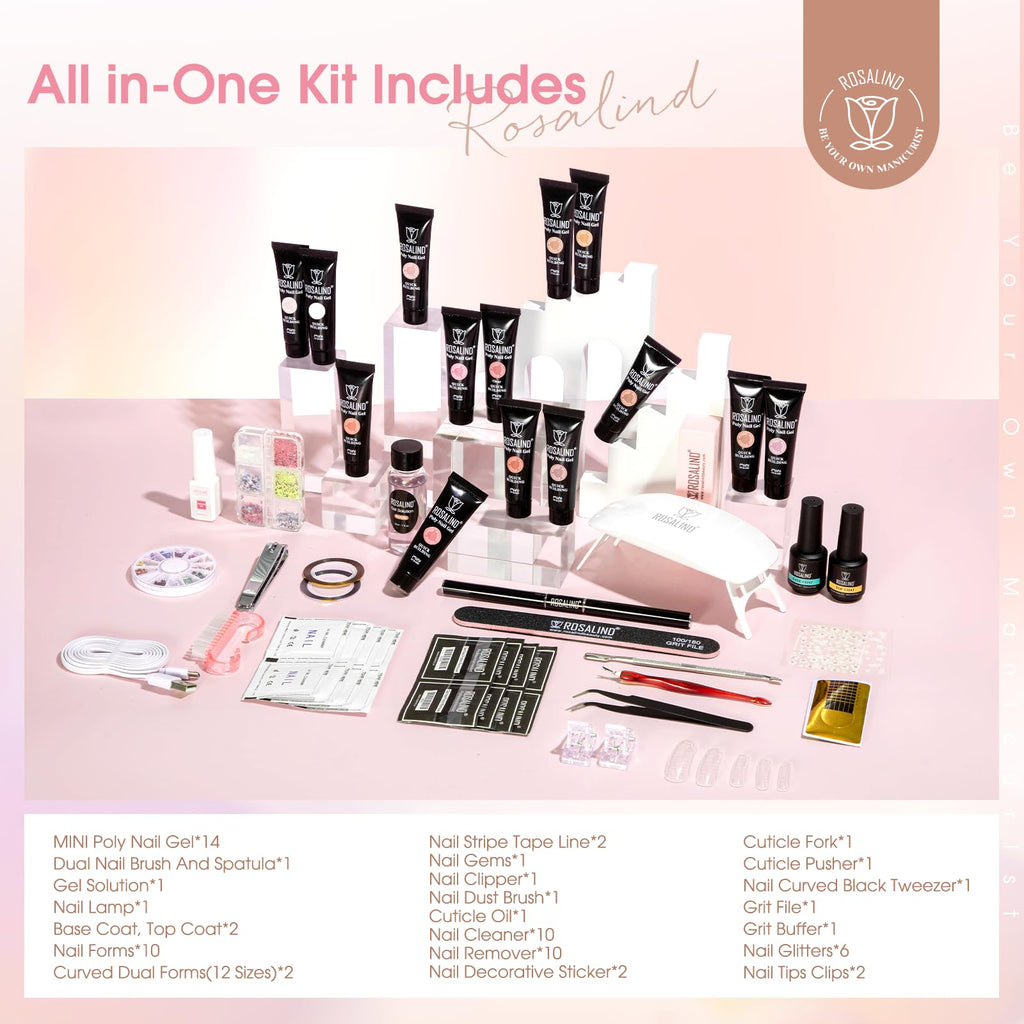 ROSALIND Poly Nail Gel Kit – 14 Colors + 72 Nail Art Accessories + Mini UV Lamp