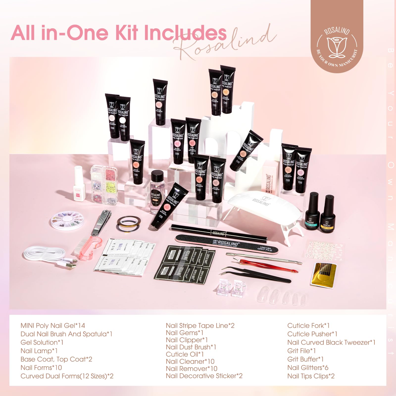 ROSALIND Poly Nail Gel Kit – 14 Colors + 72 Nail Art Accessories + Mini UV Lamp