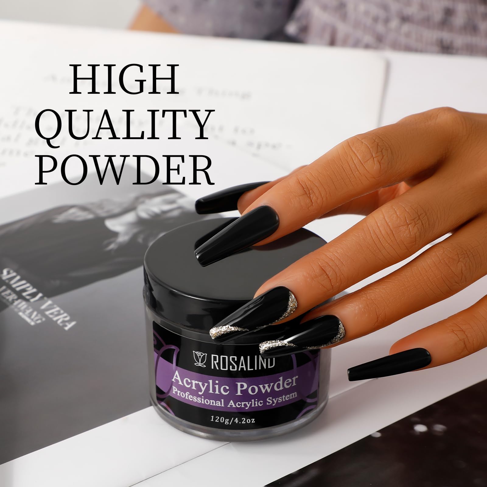 ROSALIND 120g Black Acrylic Powder for Nail Extensions – Dry Naturally, No Lamp Needed, Up to 28 Days Wear