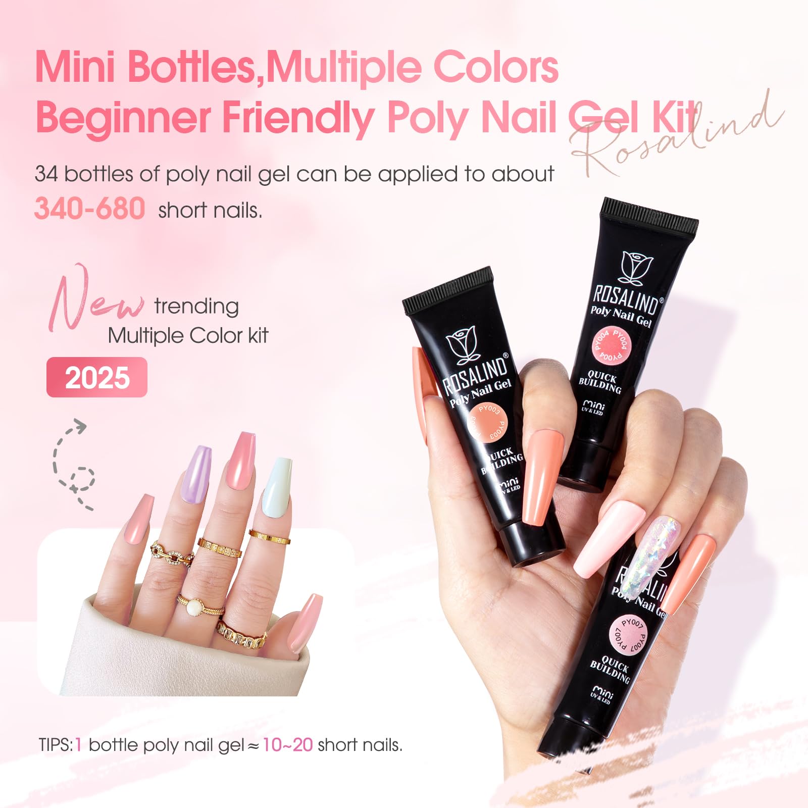 ROSALIND Poly Nail Gel Kit – 34 Colors + Mini UV Lamp Starter Set
