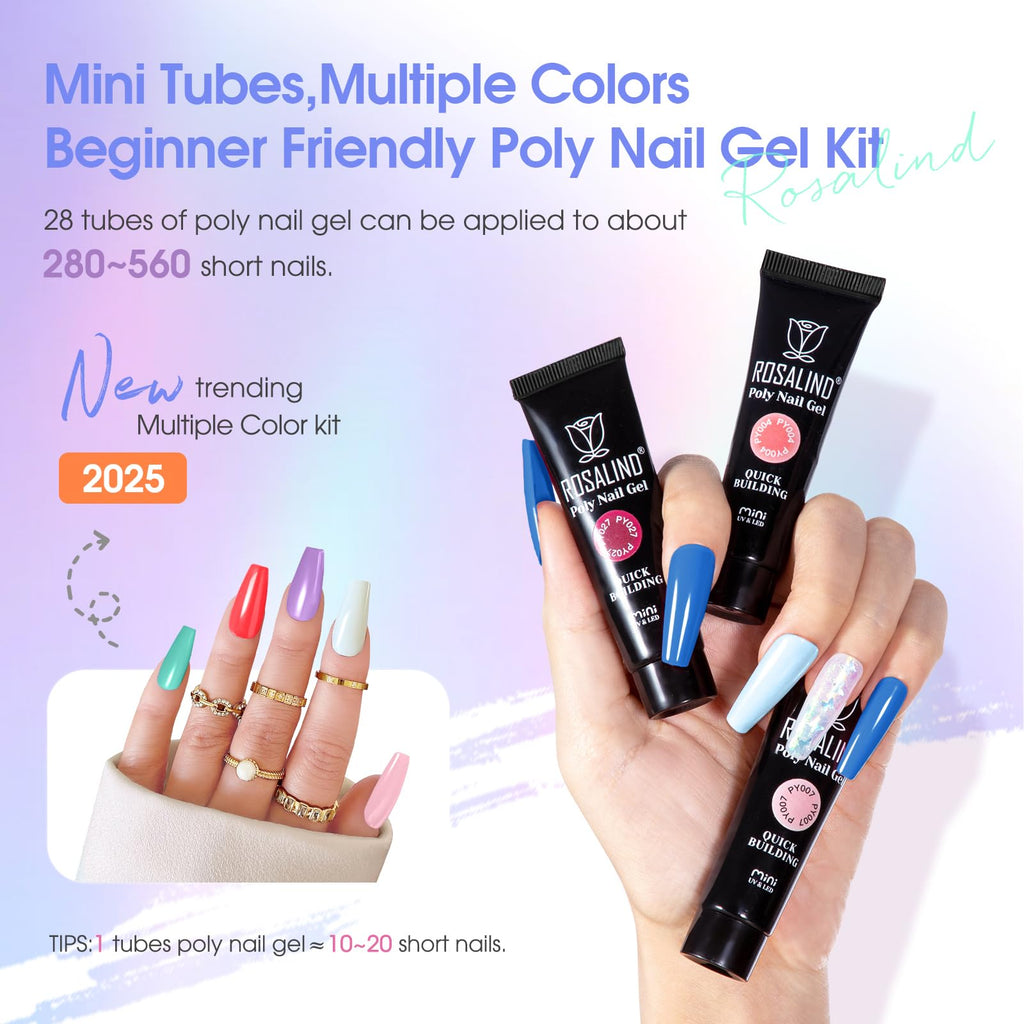 ROSALIND 28 Colors Neon Poly Nail Gel Kit with Mini Lamp – Beginner Starter Set