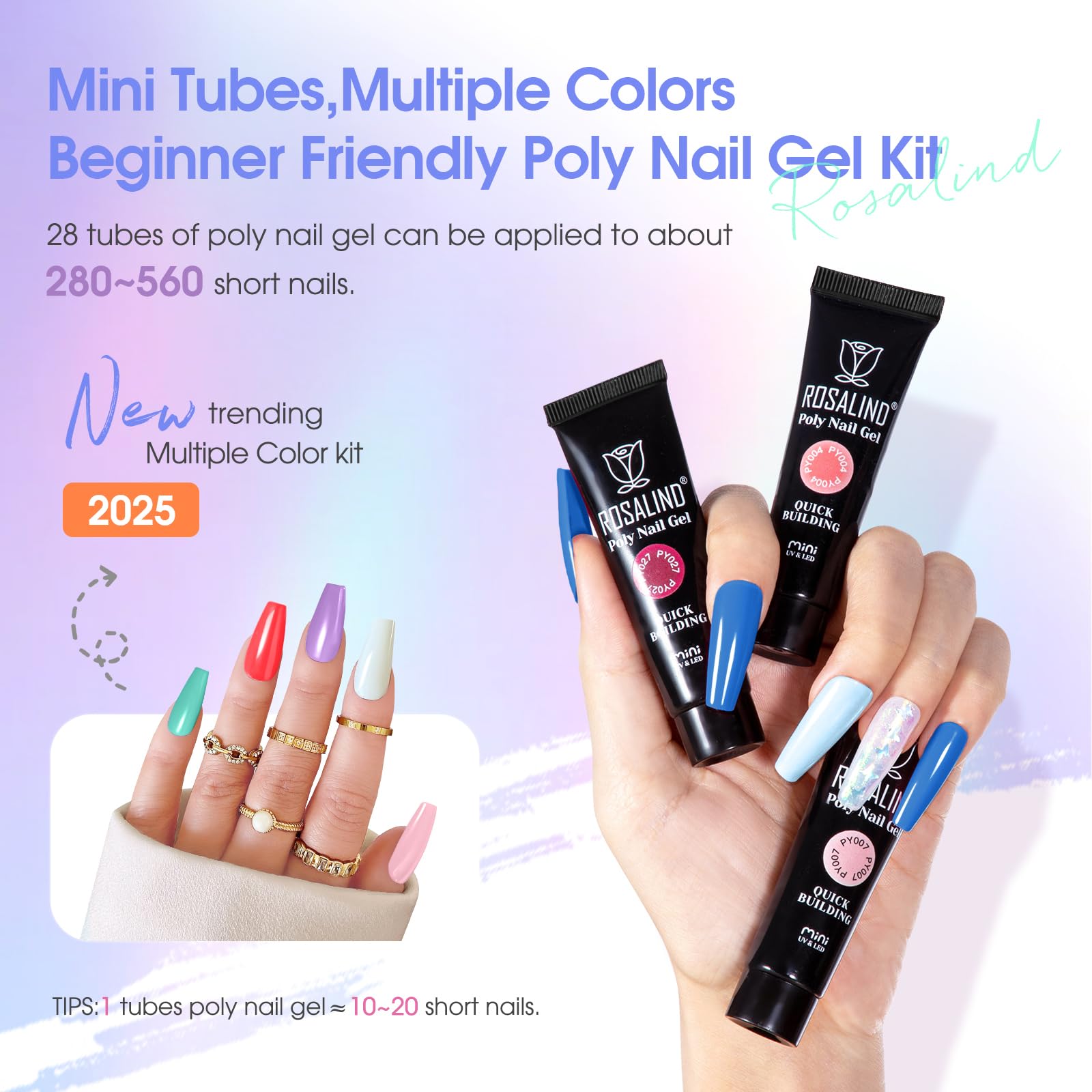 ROSALIND 28 Colors Neon Poly Nail Gel Kit with Mini Lamp – Beginner Starter Set