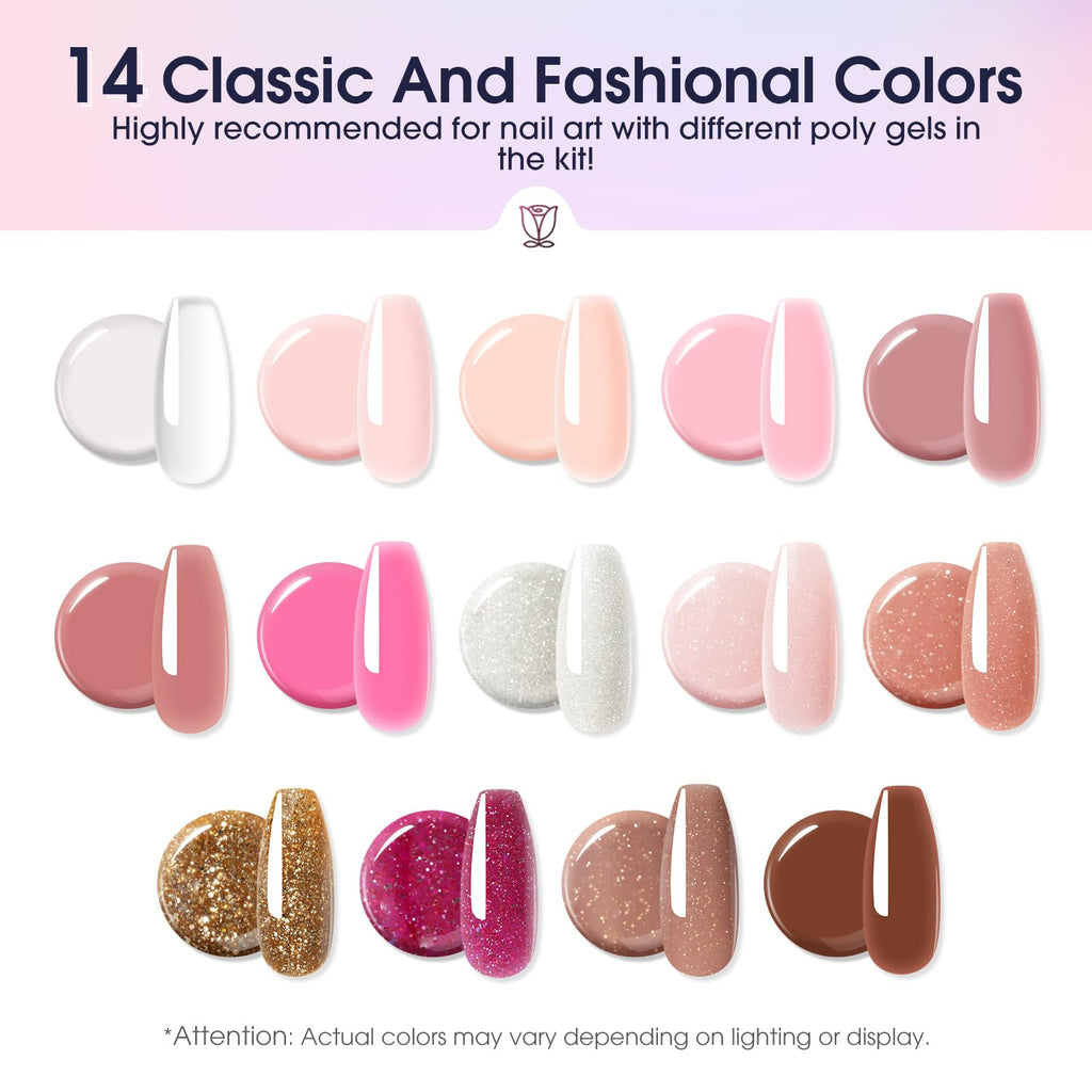 ROSALIND Poly Nail Gel Kit Starter - 14 Colors & Mini UV Lamp