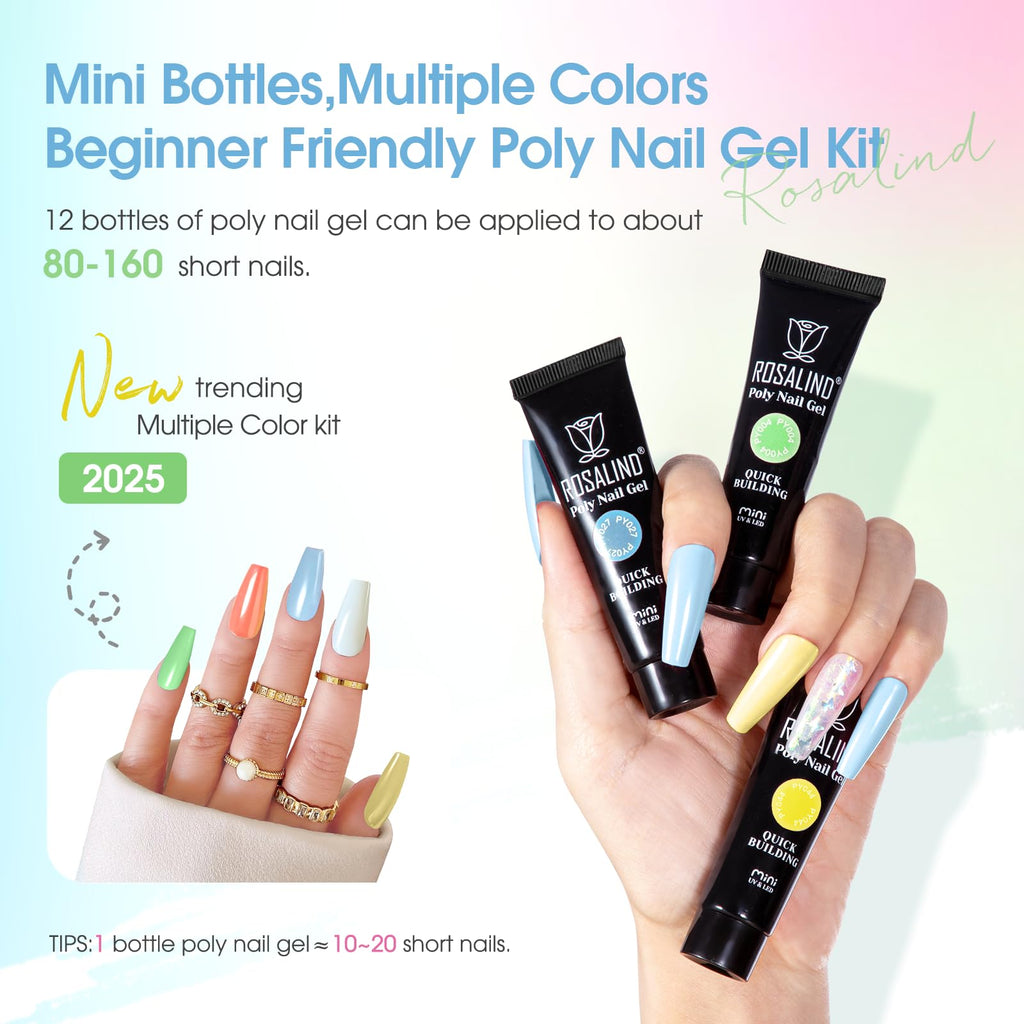 ROSALIND 12 Colors Poly Nail Gel Kit with Mini Nail Lamp – Beginner Friendly Builder Set