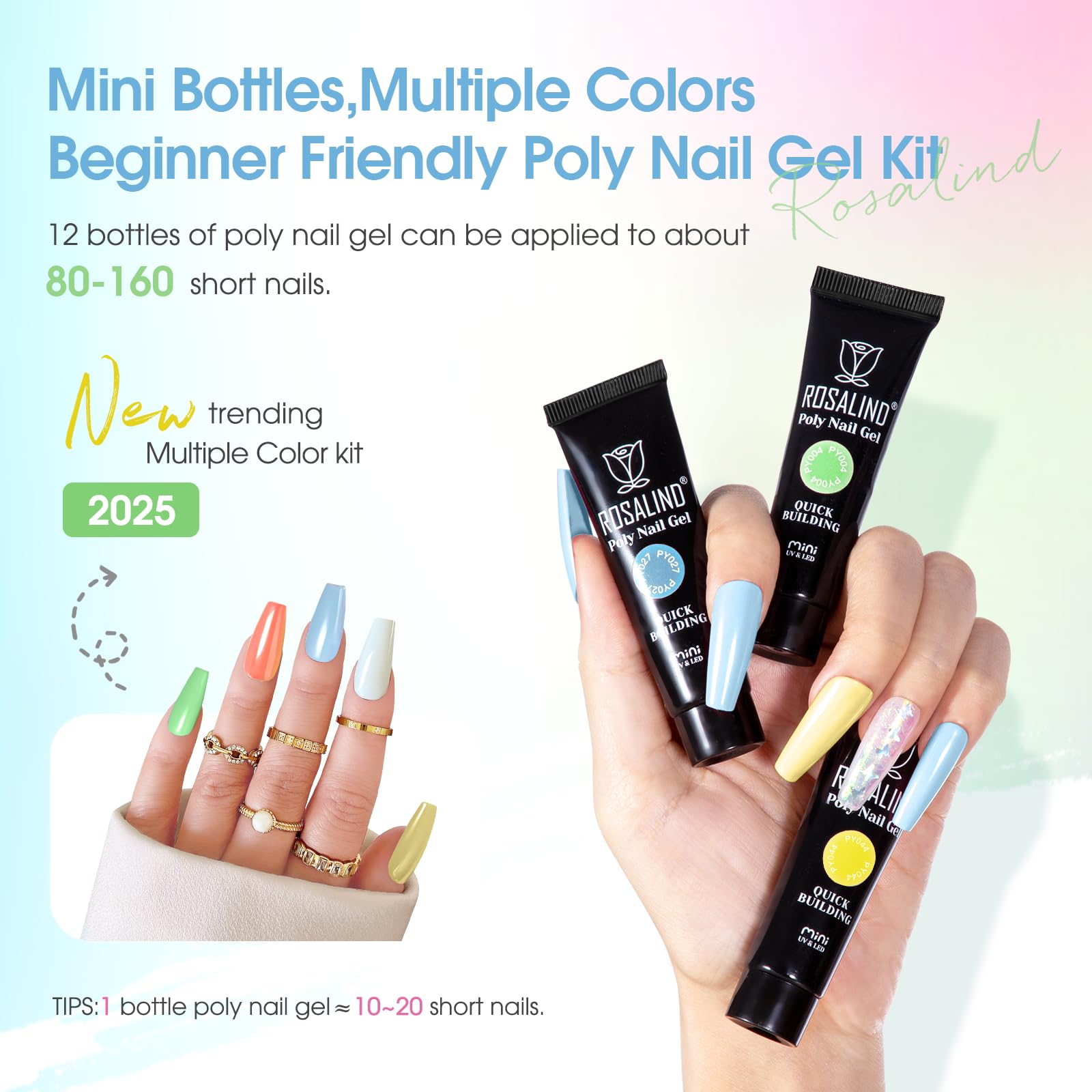 ROSALIND 12 Colors Poly Nail Gel Kit with Mini Nail Lamp – Beginner Friendly Builder Set