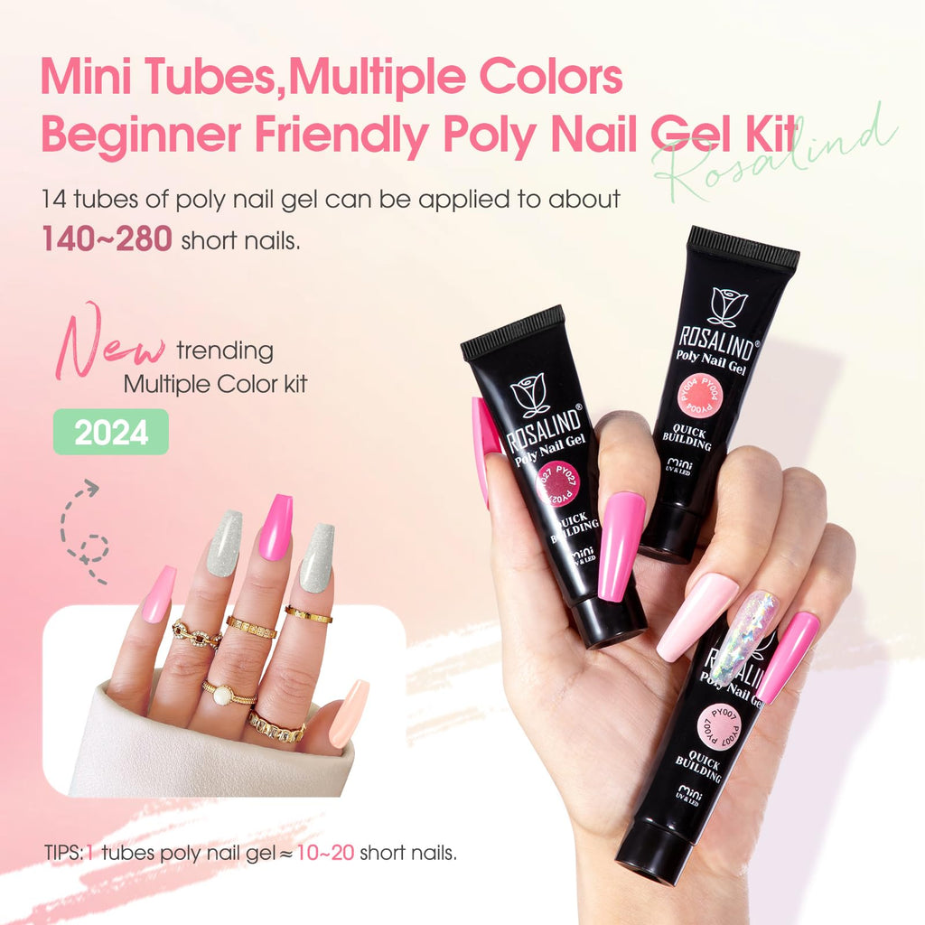 ROSALIND 14 Colors Poly Nail Gel Kit with Mini Nail Lamp – Pink & Brown