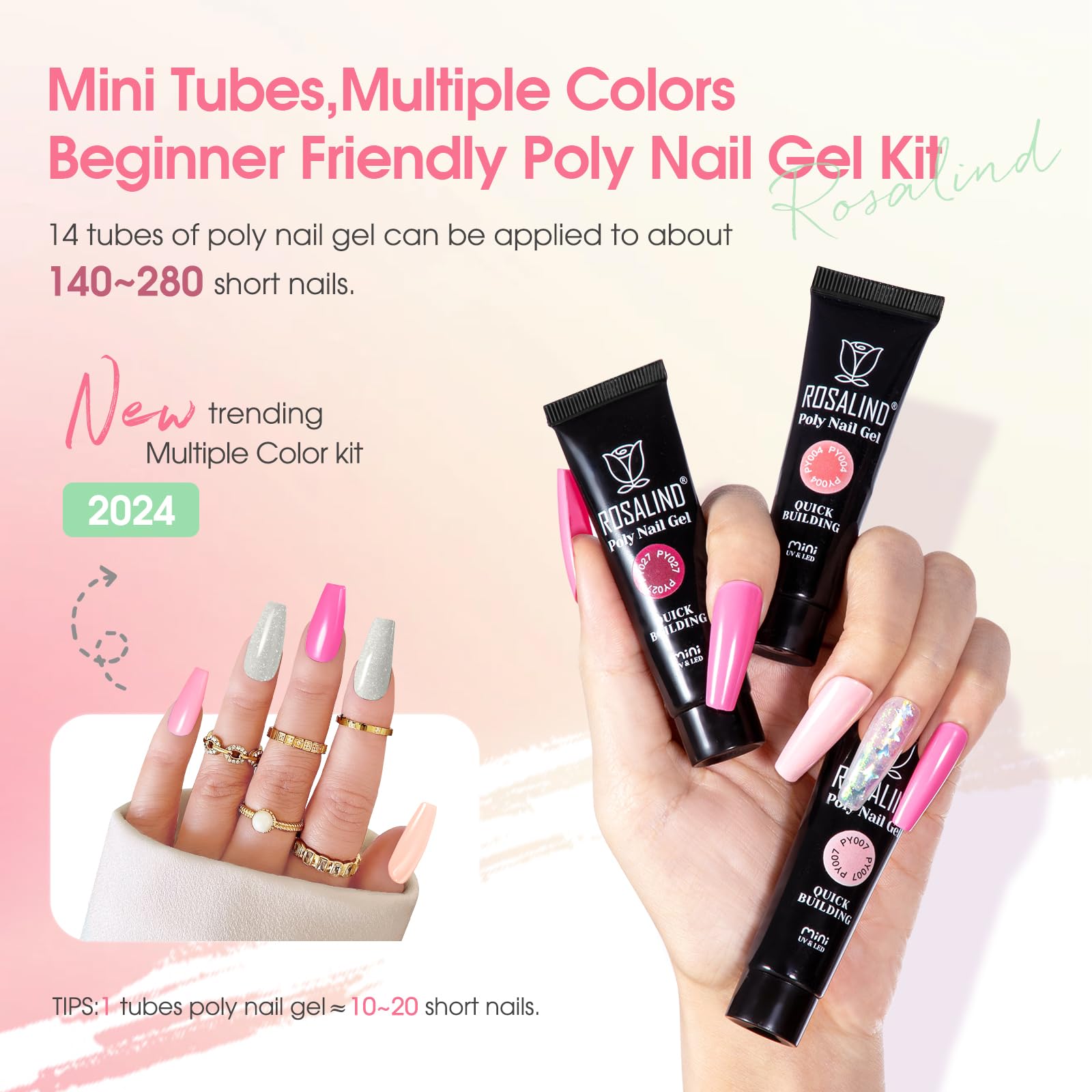 ROSALIND 14 Colors Poly Nail Gel Kit with Mini Nail Lamp – Pink & Brown