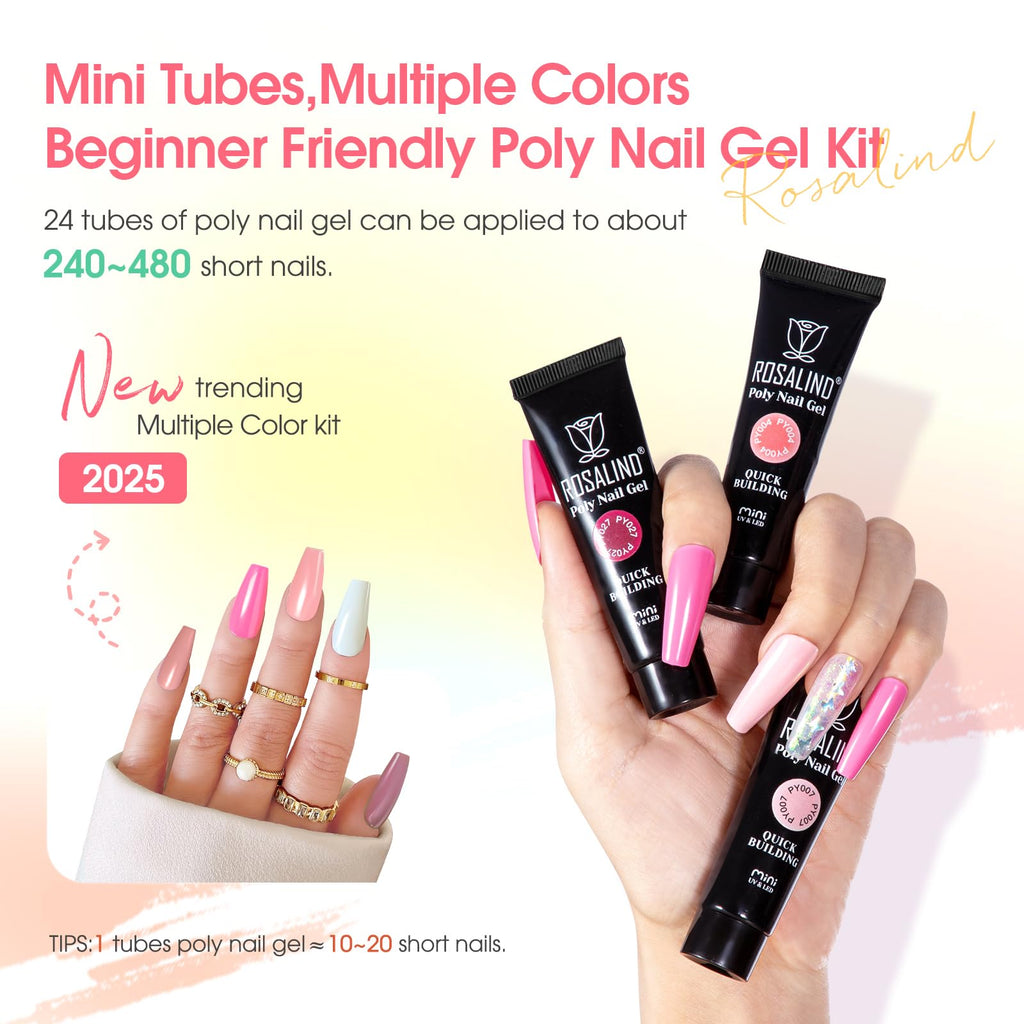 ROSALIND Poly Nail Gel Kit – 24 Colors + Mini UV Lamp Starter Set