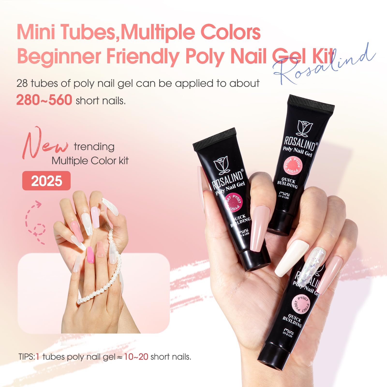 ROSALIND 28 Colors Poly Nail Gel Kit with Mini UV Lamp – Beginner Starter Set