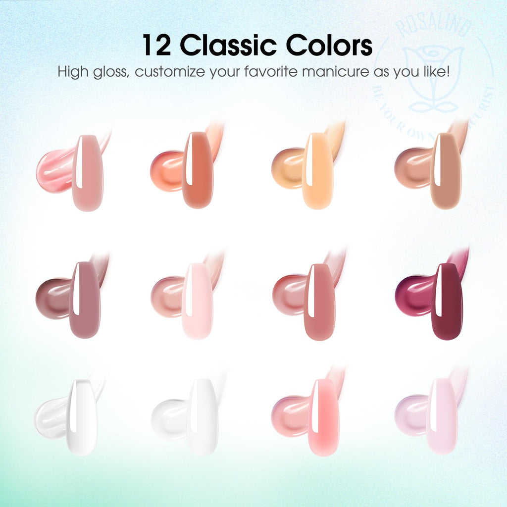 ROSALIND Pink Poly Nail Gel Kit – 12 Colors + Mini UV Lamp Starter Set