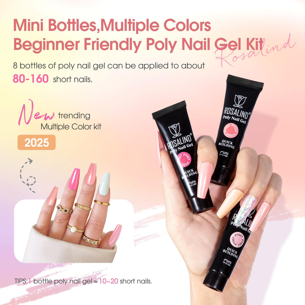 ROSALIND 8PCS Poly Nail Gel Kit with Mini Nail Lamp – Starter Set