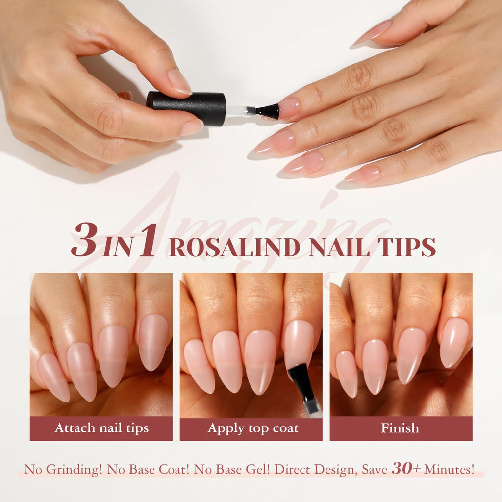ROSALIND Soft Pink Almond Nude Nail Tips – 200 Pcs, Matte Accent Press-On Nails (20 Sizes)