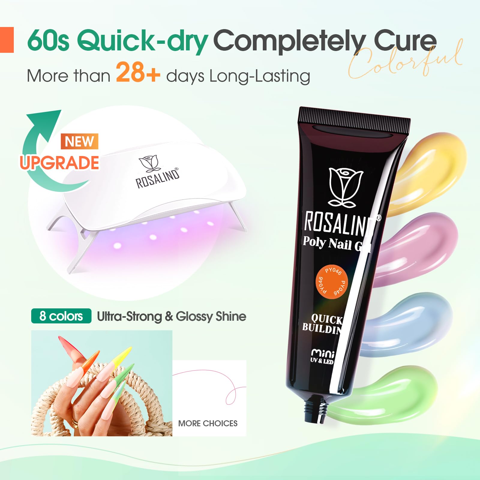 ROSALIND 8PCS Poly Nail Gel Kit with Mini UV Lamp | Starter Nail Extensions