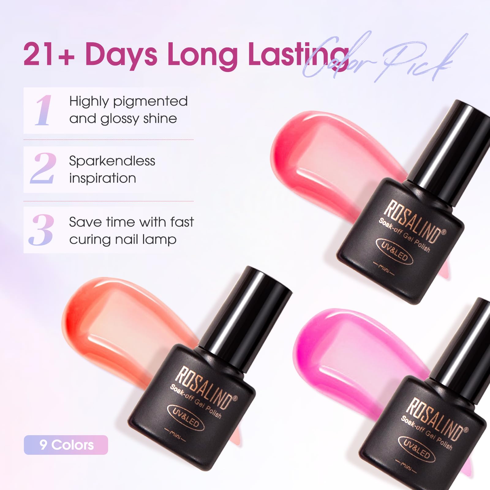 ROSALIND 14-Piece Gel Nail Polish Kit with Mini UV Lamp – 9 Colors, Base Coat, Glossy & Matte Top Coats