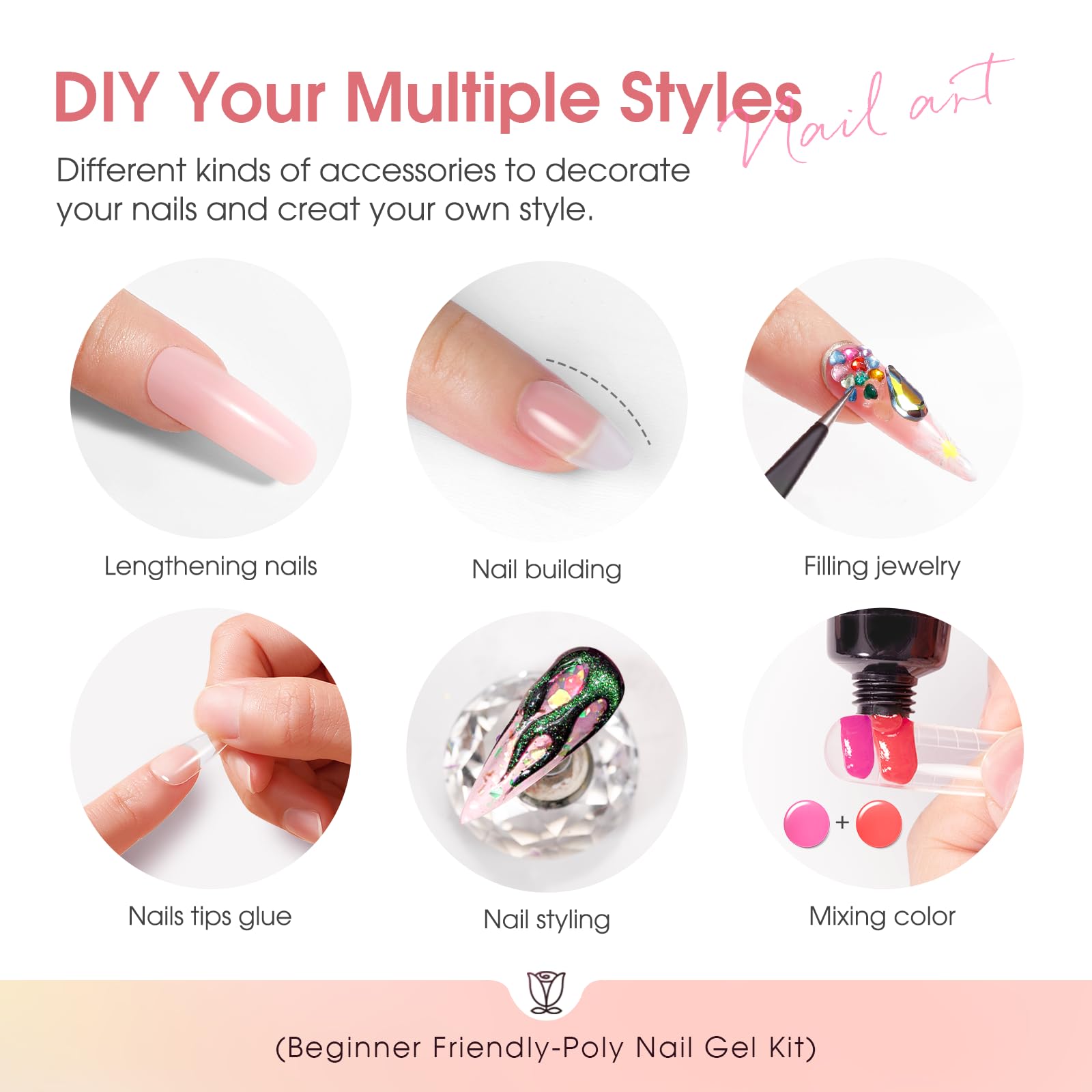 ROSALIND 8PCS Poly Nail Gel Kit with Mini Nail Lamp – Starter Set