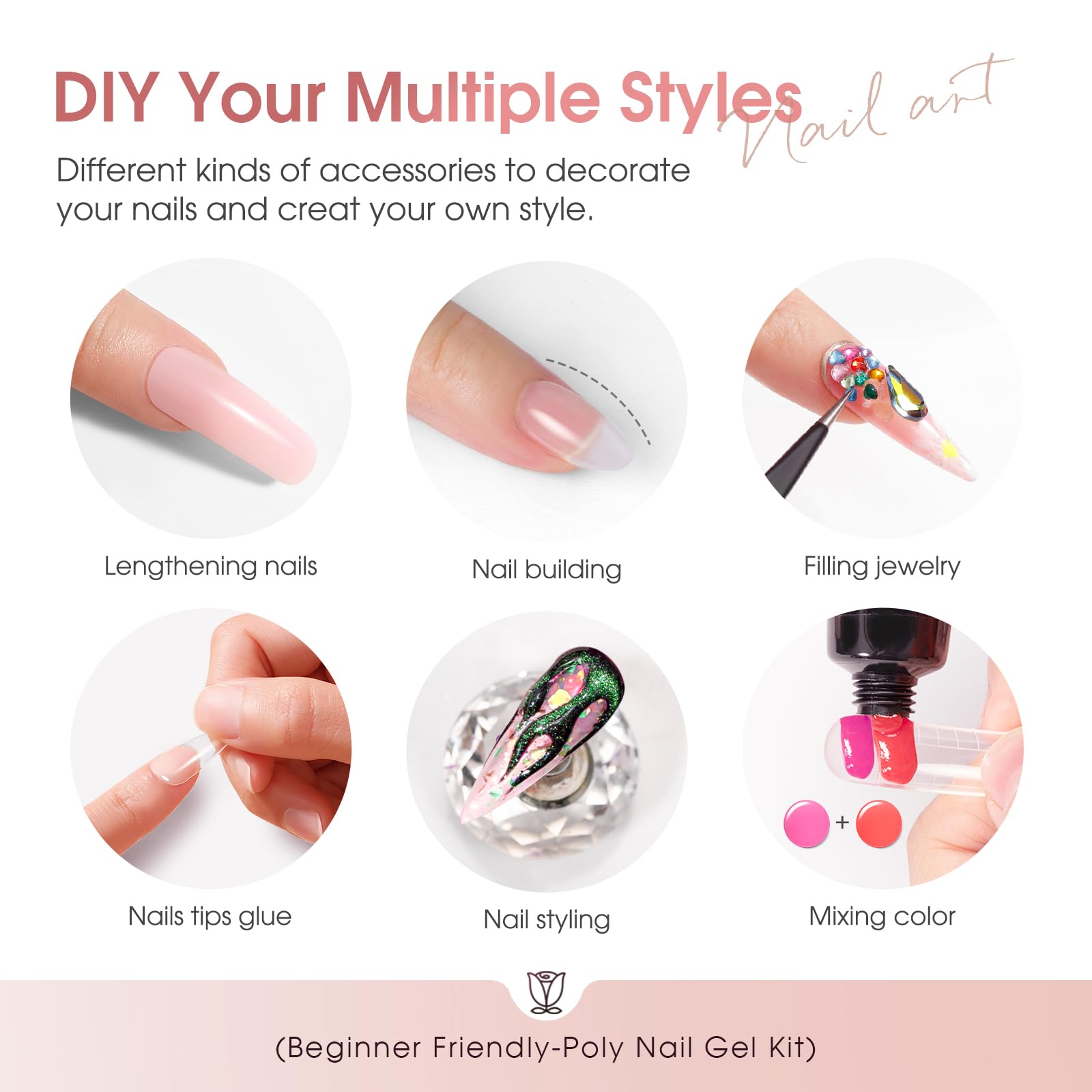 ROSALIND 12-Piece Pink & Brown Christmas Poly Nail Gel Kit + Mini Nail Lamp