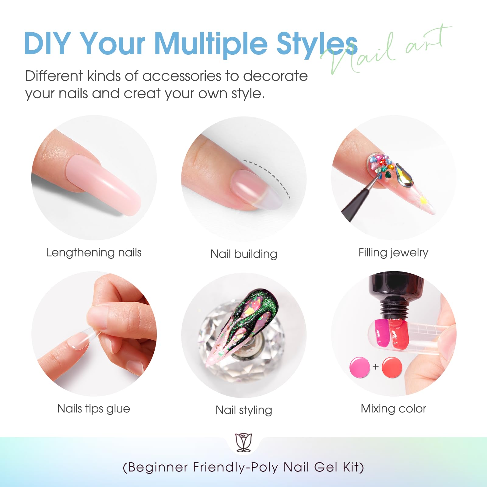 ROSALIND 12 Colors Poly Nail Gel Kit with Mini Nail Lamp – Beginner Friendly Builder Set
