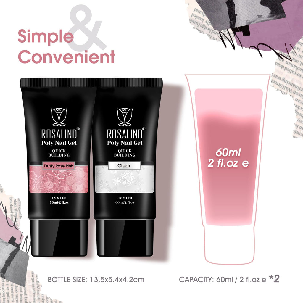 ROSALIND Clear Rose Pink Poly Nail Gel Set – 2 x 60ml for DIY Nail Extensions