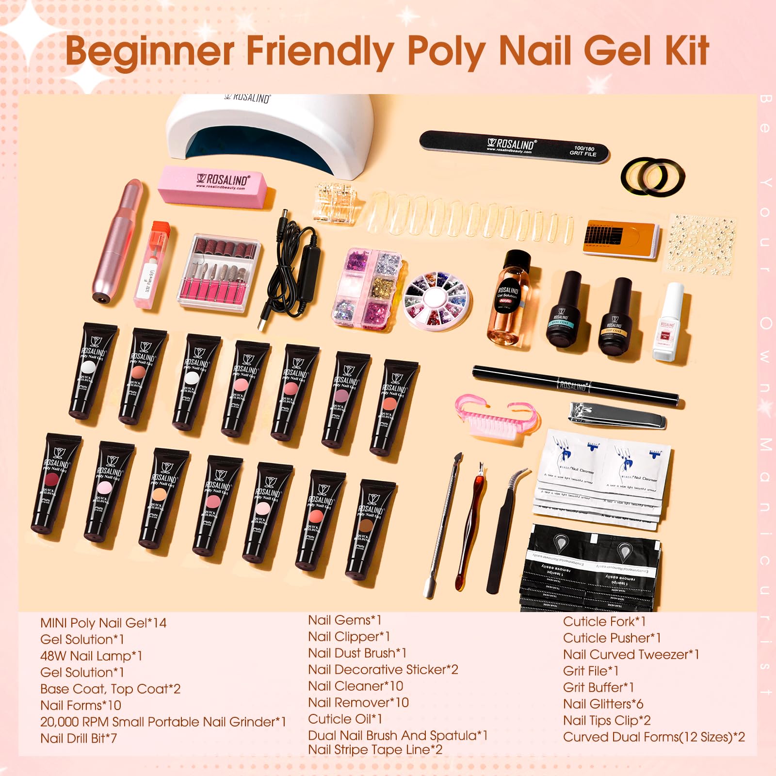 ROSALIND Poly Nail Gel Kit with Drill — 14 Colors, 48W UV Lamp & Accessories