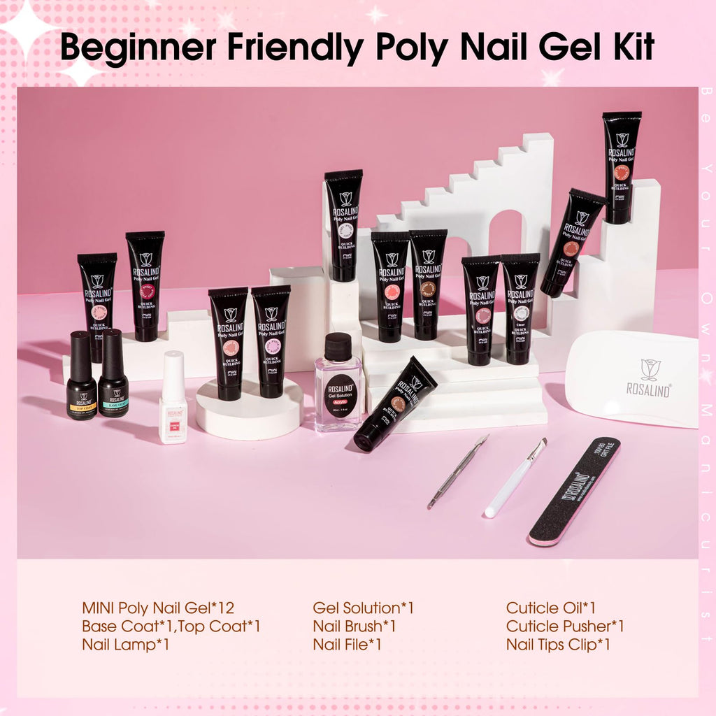 ROSALIND Poly Nail Gel Kit – 12 Colors + UV Lamp Starter Set