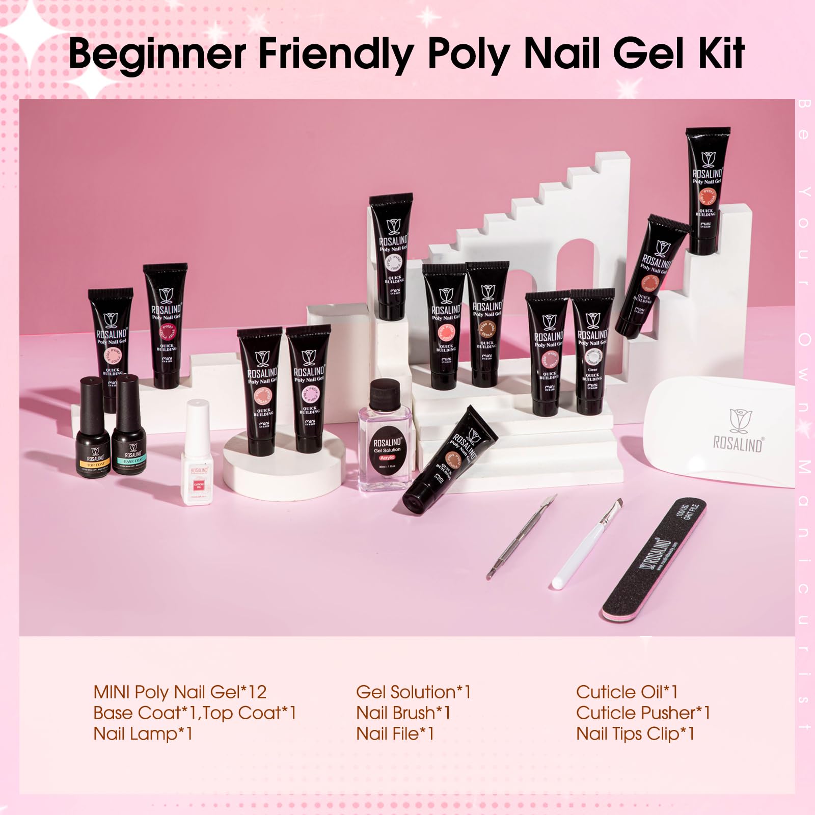ROSALIND Poly Nail Gel Kit – 12 Colors + UV Lamp Starter Set