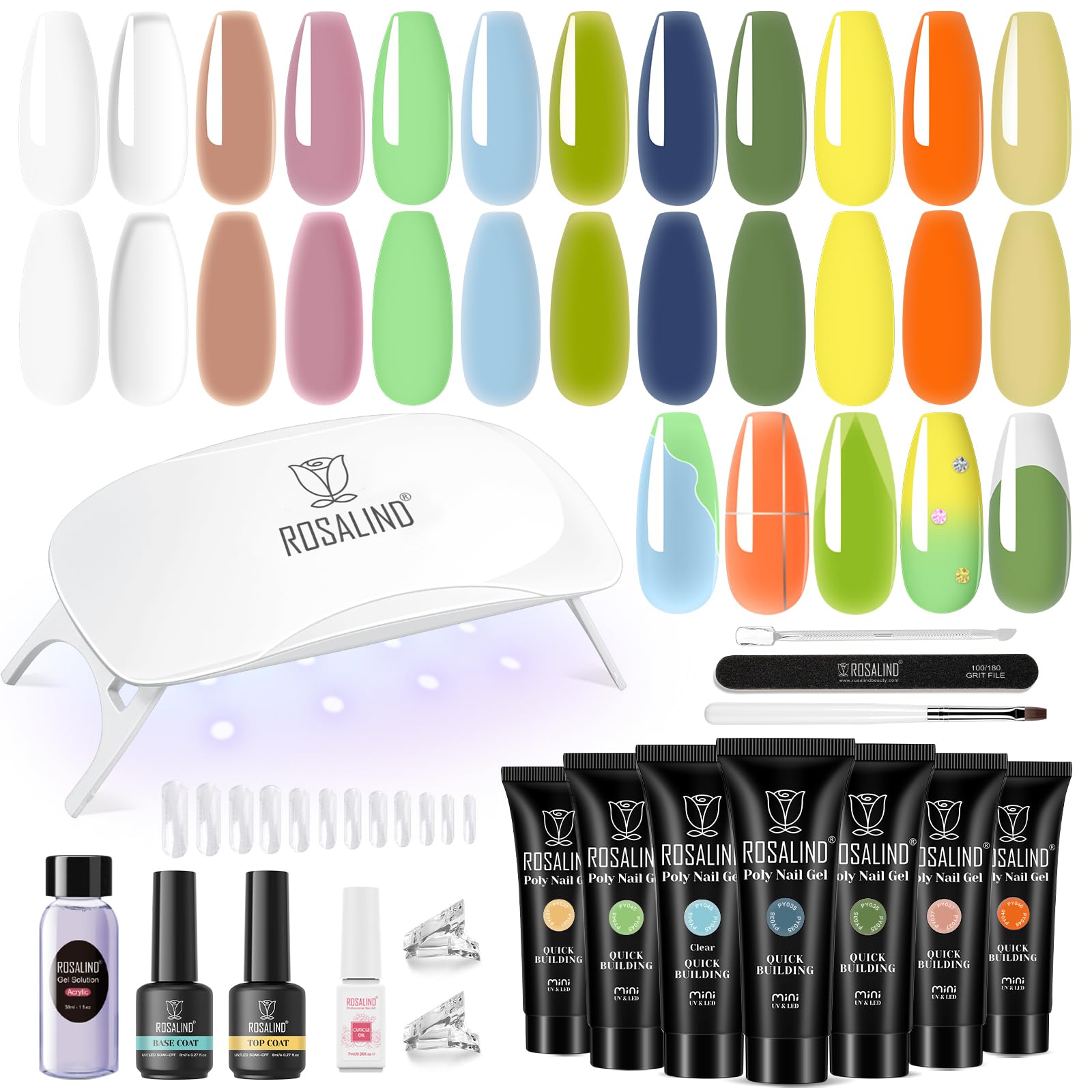 ROSALIND 12 Colors Poly Nail Gel Kit with Mini Nail Lamp – Beginner Friendly Builder Set