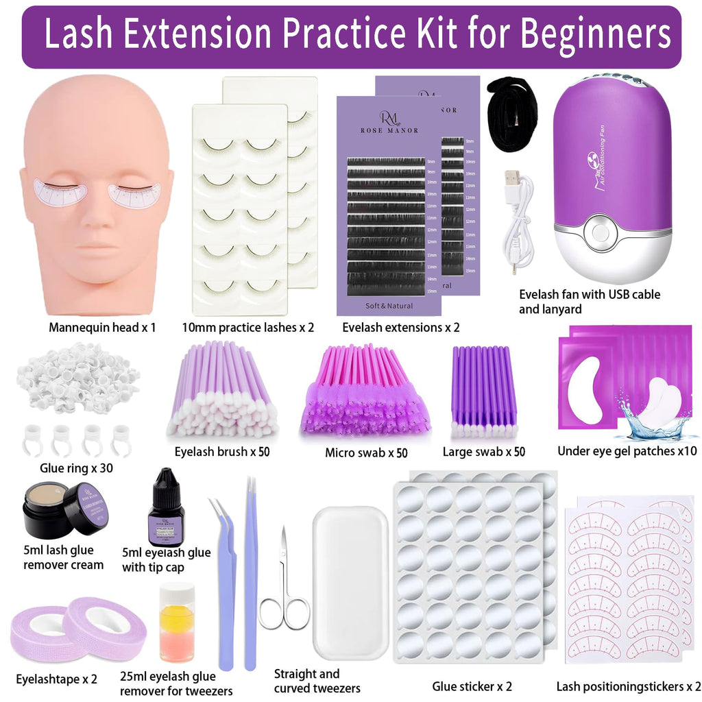 Rose Manor Lash Extension Kit for Beginners | Mannequin Head & Training Tools