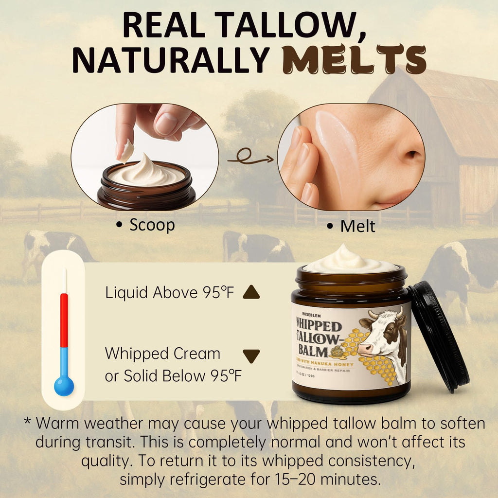 Roseblem Whipped Tallow Balm for Face & Body – 100% Grass-Fed Tallow, Manuka Honey & Beeswax (4.2 oz)