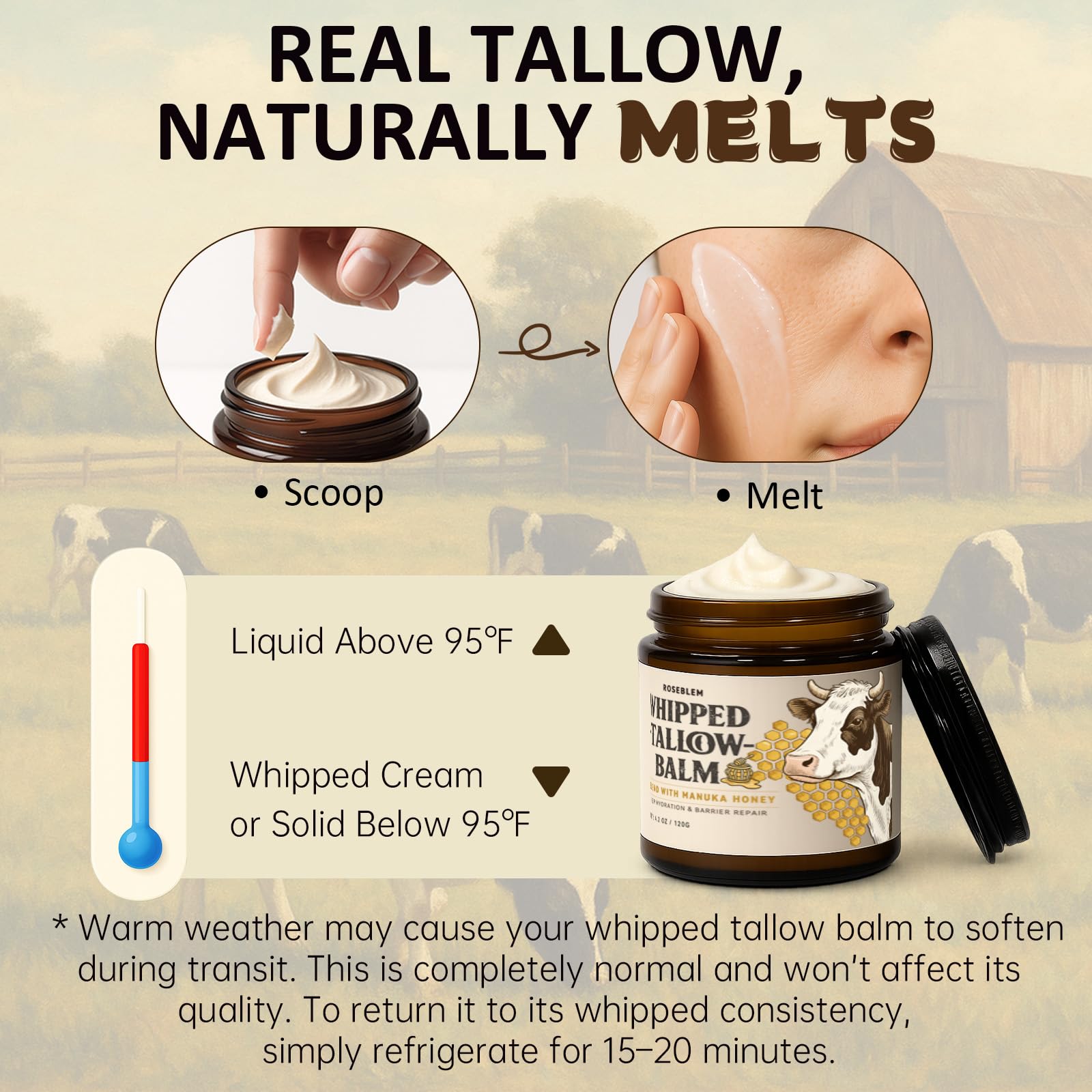 Roseblem Whipped Tallow Balm for Face & Body – 100% Grass-Fed Tallow, Manuka Honey & Beeswax (4.2 oz)